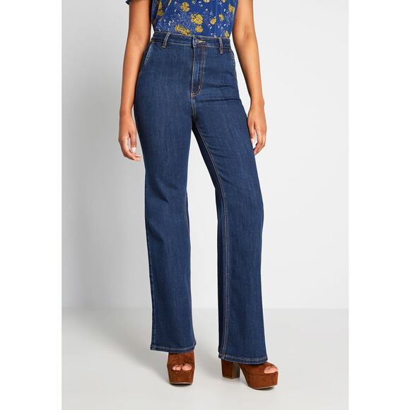 NEW ModCloth The Grier Wide Leg Jeans 70s High Waisted Flare Stretch 8 - Picture 1 of 12